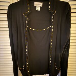 Papell Boutique Black Cardigan with Yellow Stitch Trim and Tank Top